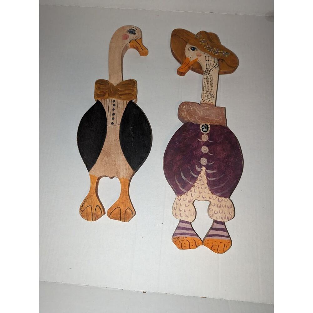 Vintage Handmade 17" Pair Farmhouse Carved Set Goose Painted Wall Hanging Duck